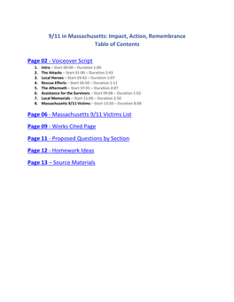 Impact, Action, Remembrance Table of Contents