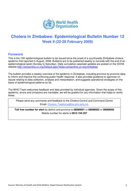 Cholera in Zimbabwe: Epidemiological Bulletin Number 12 Week 9 (22-28 February 2009)