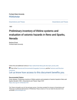 Preliminary Inventory of Lifeline Systems and Evaluation of Seismic Hazards in Reno and Sparks, Nevada