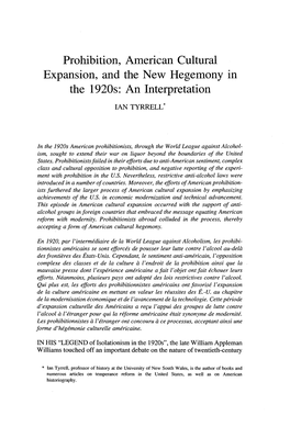 Prohibition, American Cultural Expansion, and the New Hegemony in the 1920S: an Interpretation