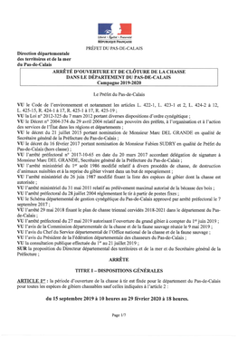 62-Pas-De-Calais-Arrêté Préfectoral Relatif À L'ouverture Et À La Fermeture