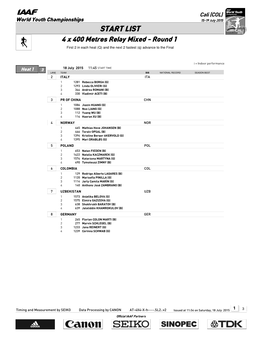 START LIST 4 X 400 Metres Relay Mixed - Round 1 First 2 in Each Heat (Q) and the Next 2 Fastest (Q) Advance to the Final