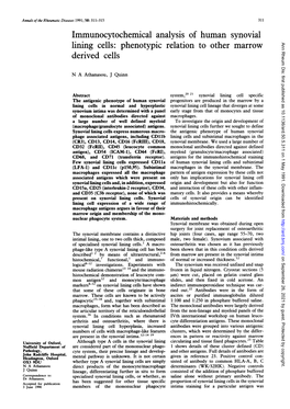 Immunocytochemical Analysis of Human Synovial Lining Cells: Phenotypic Relation to Other Marrow Ann Rheum Dis: First Published As 10.1136/Ard.50.5.311 on 1 May 1991