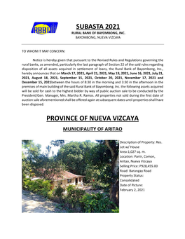 Subasta 2021 Province of Nueva Vizcaya