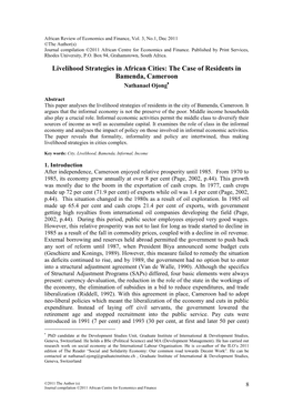 Livelihood Strategies in African Cities: the Case of Residents in Bamenda, Cameroon Nathanael Ojong