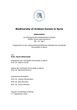 Biodiversity of Arabian Horses in Syria