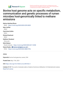 Bovine Host Genome Acts on Speci C Metabolism, Communication and Genetic Processes of Rumen Microbes Host-Genomically Linked To