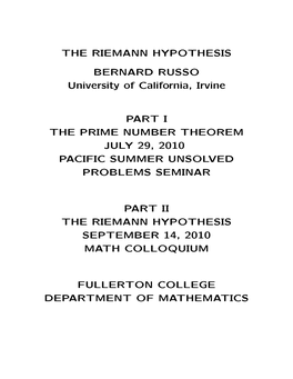 THE RIEMANN HYPOTHESIS BERNARD RUSSO University Of