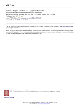 Pronouns, Logical Variables, and Logophoricity in Abe Author(S): Hilda Koopman and Dominique Sportiche Source: Linguistic Inquiry, Vol