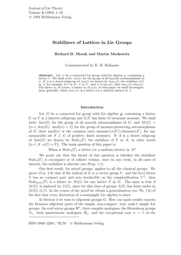Stabilizers of Lattices in Lie Groups