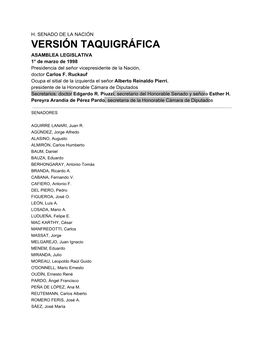 VERSIÓN TAQUIGRÁFICA ASAMBLEA LEGISLATIVA 1° De Marzo De 1998 Presidencia Del Señor Vicepresidente De La Nación, Doctor Carlos F