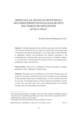 ORDENANÇAS, FINANÇAS MUNICIPAIS E RECURSOS PRODUTIVOS DA ILHA DO PICO EM COMEÇO DE OITOCENTOS Um Breve Esboço*