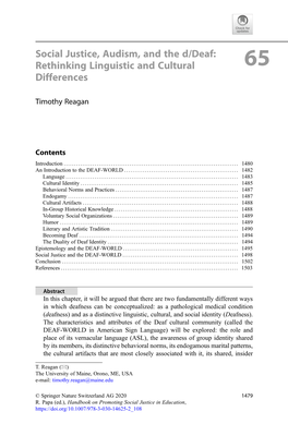 Social Justice, Audism, and the D/Deaf: Rethinking Linguistic and Cultural Differences