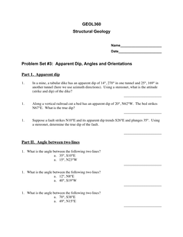 GEOL360 Structural Geology Problem Set #3: Apparent Dip, Angles And