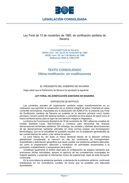 Ley Foral De 13 De Noviembre De 1985, De Zonificación Sanitaria De Navarra