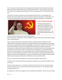 1 | Page This Is My Second Article on Pope Francis As Being The