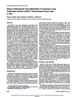 Effects of Biologically Active Metabolites of Tamoxifen on the Proliferation Kinetics of MCF-7 Human Breast Cancer Cells in Vitro