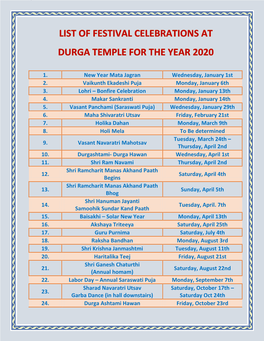 List of Festival Celebrations at Durga Temple for the Year 2020