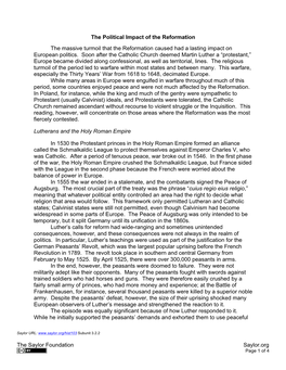 Political Impact of the Reformation the Massive Turmoil That the Reformation Caused Had a Lasting Impact on European Politics