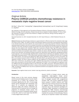 Original Article Plasma CAMK2A Predicts Chemotherapy Resistance in Metastatic Triple Negative Breast Cancer