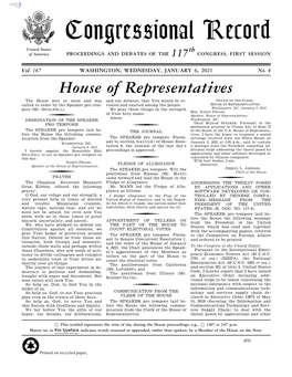 Congressional Record United States Th of America PROCEEDINGS and DEBATES of the 117 CONGRESS, FIRST SESSION