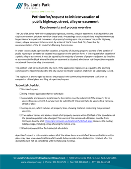 Petition For/Request to Initiate Vacation of Public Highway, Street, Alley Or Easement Requirements and Process Overview