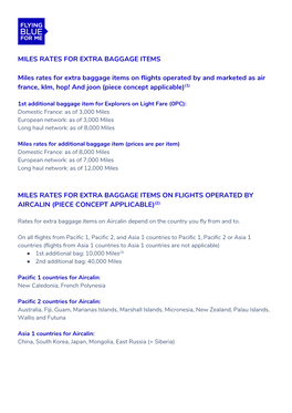 Miles Rates for Extra Baggage Items