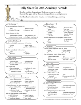 Tally Sheet for 90Th Academy Awards