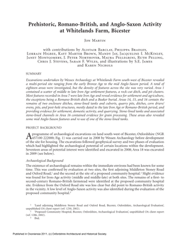 Prehistoric, Romano-British, and Anglo-Saxon Activity at Whitelands Farm, Bicester