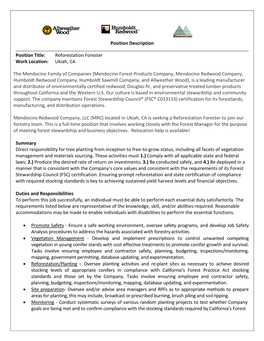 Reforestation Forester Work Location: Ukiah, CA