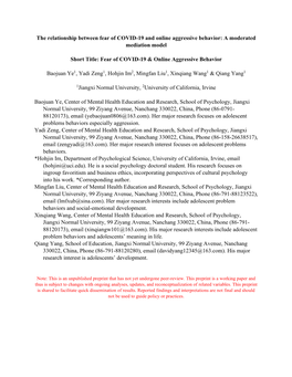 The Relationship Between Fear of COVID-19 and Online Aggressive Behavior: a Moderated Mediation Model