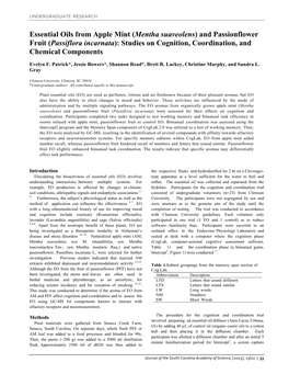 Essential Oils from Apple Mint (Mentha Suaveolens) and Passionflower Fruit (Passiflora Incarnata): Studies on Cognition, Coordination, and Chemical Components