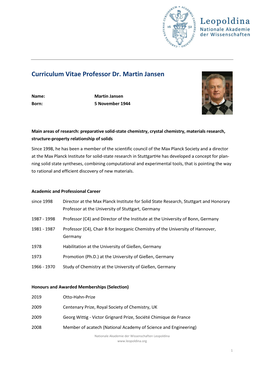 Curriculum Vitae Professor Dr. Martin Jansen