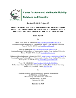 Center for Advanced Multimodal Mobility Solutions and Education (CAMMSE @ UNC Charlotte) the University of North Carolina at Charlotte 9201 University City Blvd