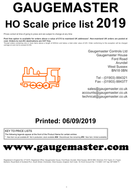 HO Scale Price List 2019