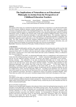 The Implications of Naturalism As an Educational Philosophy in Jordan from the Perspectives of Childhood Education Teachers