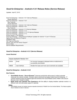 Good for Enterprise – Android V1.9.1 Release Notes (Service Release)