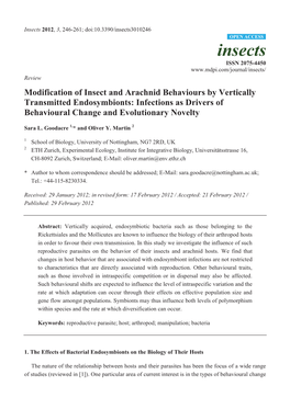 Modification of Insect and Arachnid Behaviours by Vertically Transmitted Endosymbionts: Infections As Drivers of Behavioural Change and Evolutionary Novelty