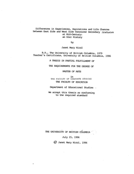 Differences in Experiences, Aspirations and Life Chances Between East Side and West Side Vancouver Secondary Graduates at Mid-Century: an Oral History