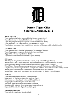Detroit Tigers Clips Saturday, April 21, 2012