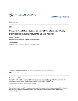 Population and Reproductive Biology of the Channeled Whelk, Busycotypus Canaliculatus, in the US Mid-Atlantic