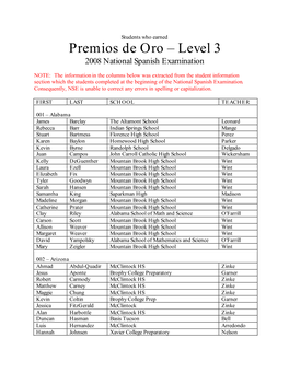 Premios De Oro – Level 3 2008 National Spanish Examination