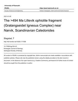 The &gt;494 Ma Lillevik Ophiolite Fragment (Gratangseidet Igneous