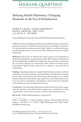 Defining Health Diplomacy: Changing Demands in the Era of Globalization