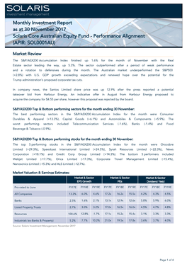 Monthly Investment Report As at 30 November 2017 Solaris Core Australian Equity Fund - Performance Alignment (APIR: SOL0001AU)