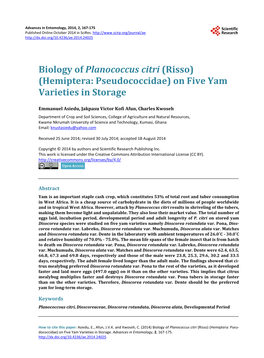 Biology of Planococcus Citri (Risso) (Hemiptera: Pseudococcidae) on Five Yam Varieties in Storage