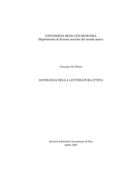 Antologia Della Letteratura Ittita