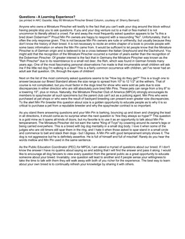 Questions - a Learning Experience? (As Printed in AKC Gazette, May 95 Miniature Pinscher Breed Column, Courtesy Of: Sherry Bernard)