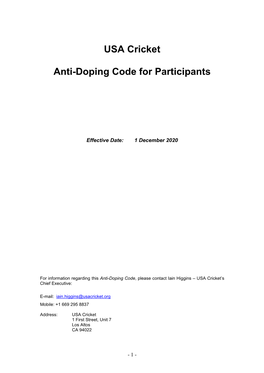 USA Cricket Anti-Doping Code for Participants