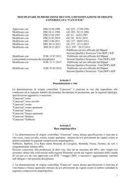 DISCIPLINARE DI PRODUZIONE DEI VINI a DENOMINAZIONE DI ORIGINE CONTROLLATA “CANAVESE” Approvato Con DM 12.09.1996 GU